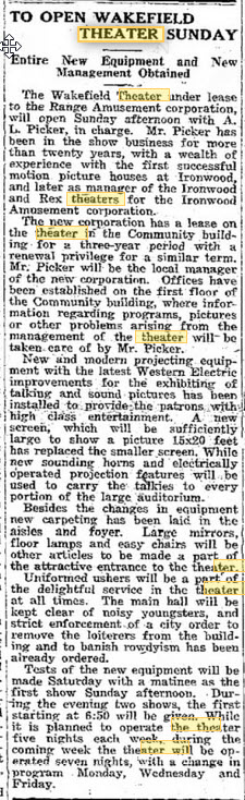 Wakefield Theatre - New Equipment Oct 15 1932 (newer photo)